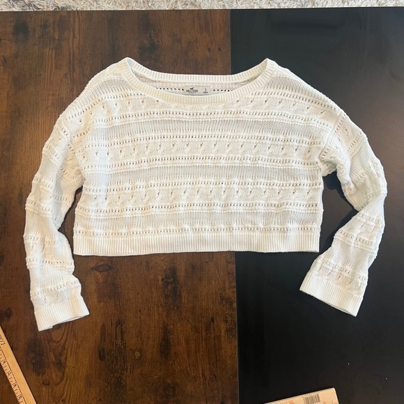 Hollister Sweaters - Hollister Womens White Pointelle Knit Cropped Sweater Scoop Neck Cotton‎ Small